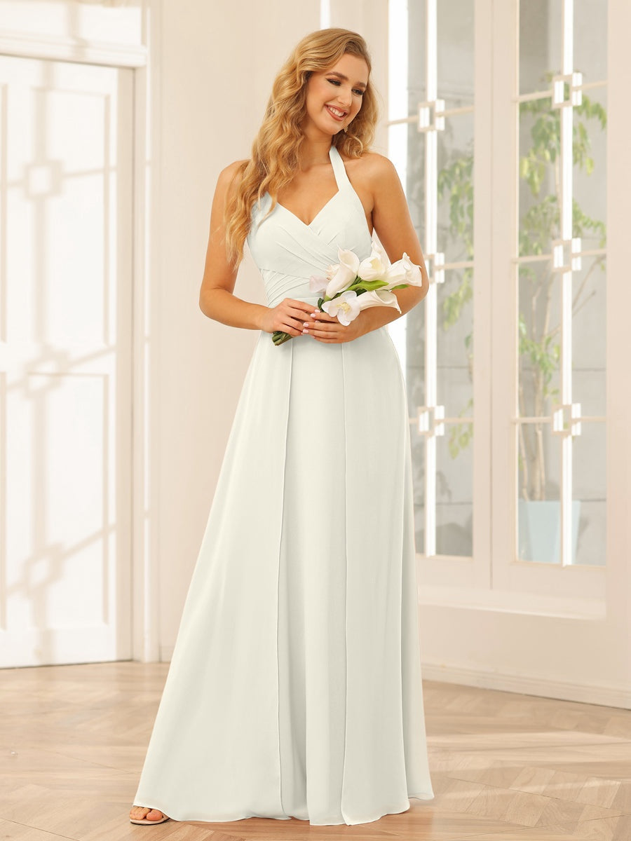 Floor-Length Halter Bridesmaid Dresses with Side Split in A-Line/Princess Style