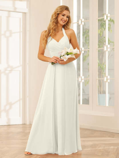 Floor-Length Halter Bridesmaid Dresses with Side Split in A-Line/Princess Style