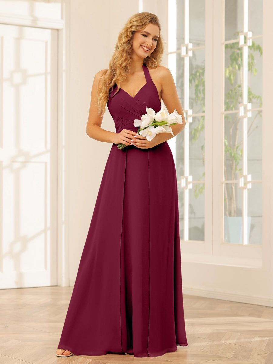 Floor-Length Halter Bridesmaid Dresses with Side Split in A-Line/Princess Style