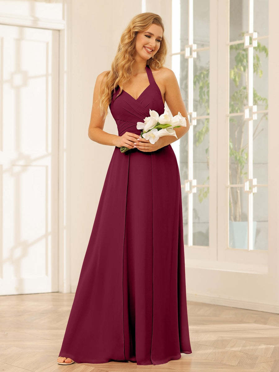 Floor-Length Halter Bridesmaid Dresses with Side Split in A-Line/Princess Style