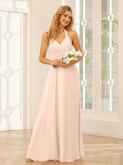 Floor-Length Halter Bridesmaid Dresses with Side Split in A-Line/Princess Style