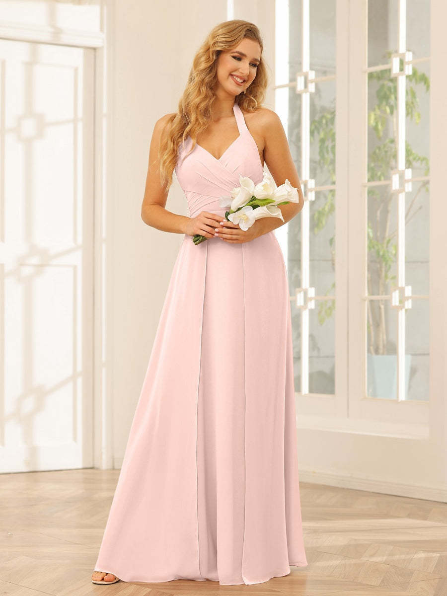Floor-Length Halter Bridesmaid Dresses with Side Split in A-Line/Princess Style