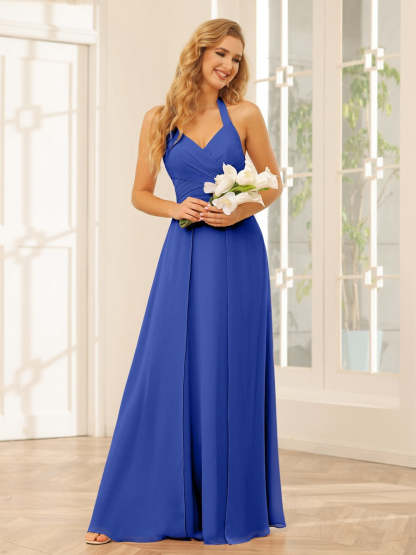 Floor-Length Halter Bridesmaid Dresses with Side Split in A-Line/Princess Style