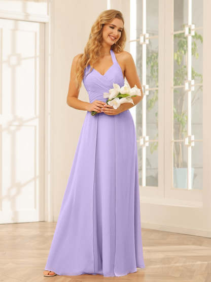 Floor-Length Halter Bridesmaid Dresses with Side Split in A-Line/Princess Style
