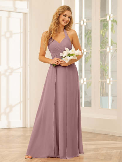 Floor-Length Halter Bridesmaid Dresses with Side Split in A-Line/Princess Style