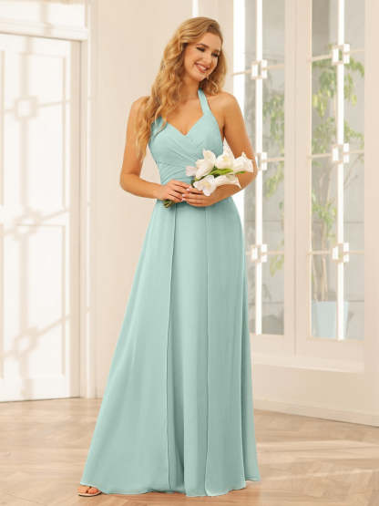 Floor-Length Halter Bridesmaid Dresses with Side Split in A-Line/Princess Style