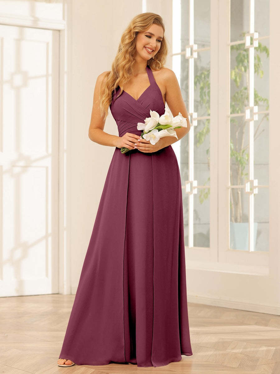 Floor-Length Halter Bridesmaid Dresses with Side Split in A-Line/Princess Style
