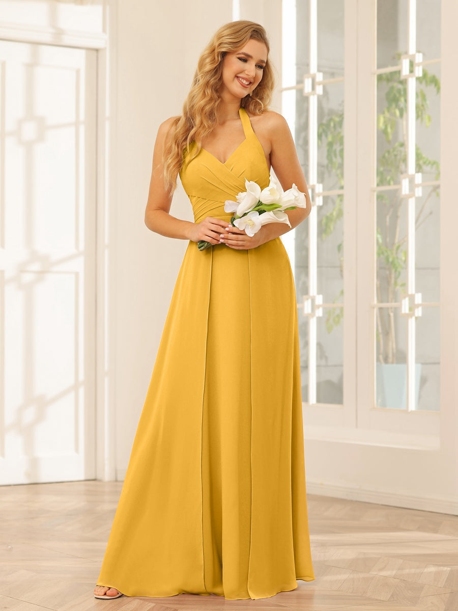 Floor-Length Halter Bridesmaid Dresses with Side Split in A-Line/Princess Style