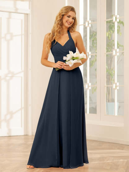 Floor-Length Halter Bridesmaid Dresses with Side Split in A-Line/Princess Style