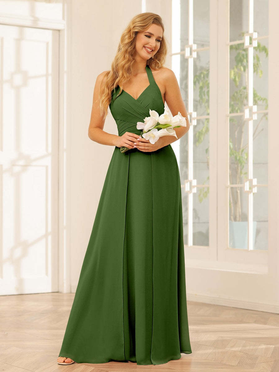 Floor-Length Halter Bridesmaid Dresses with Side Split in A-Line/Princess Style