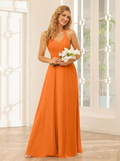 Floor-Length Halter Bridesmaid Dresses with Side Split in A-Line/Princess Style