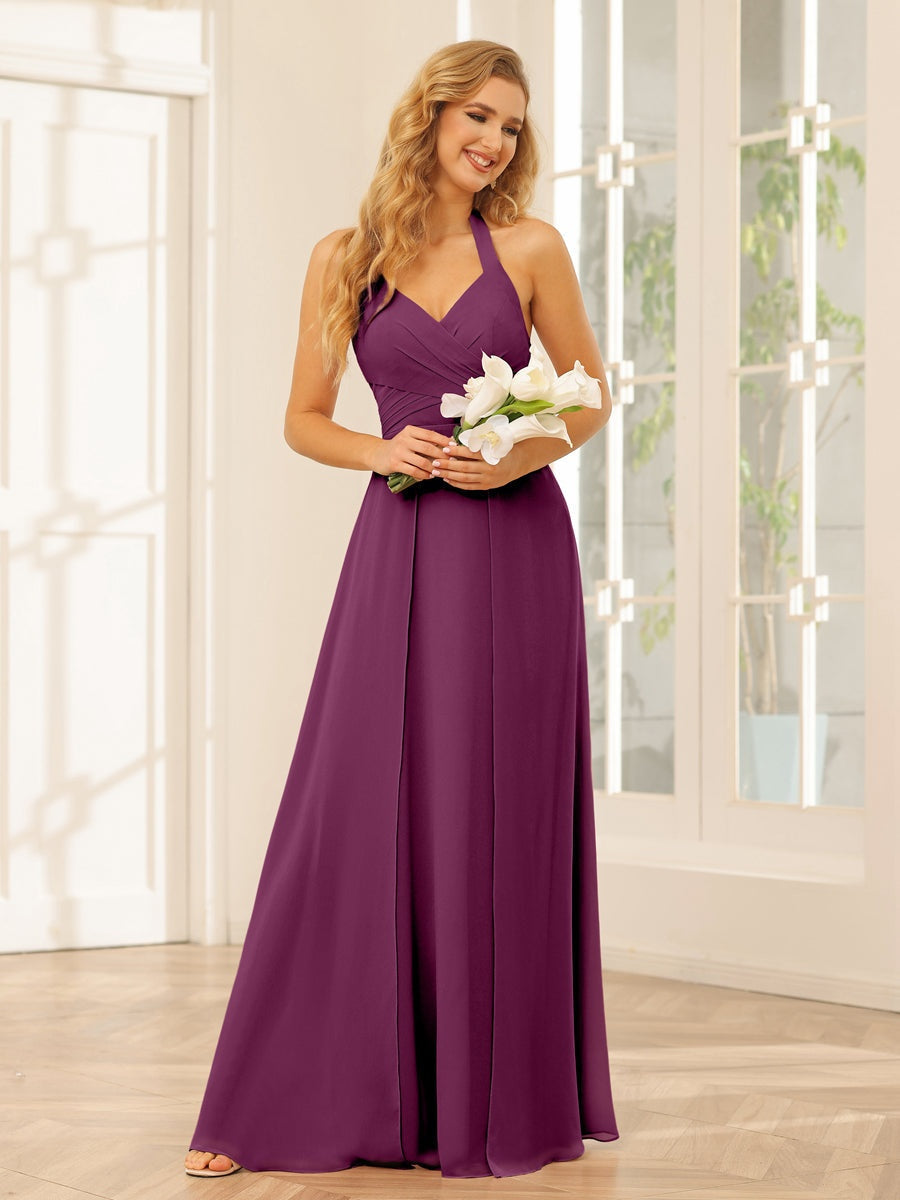 Floor-Length Halter Bridesmaid Dresses with Side Split in A-Line/Princess Style