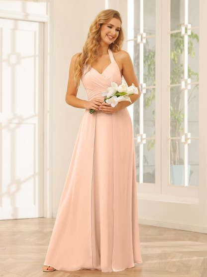 Floor-Length Halter Bridesmaid Dresses with Side Split in A-Line/Princess Style