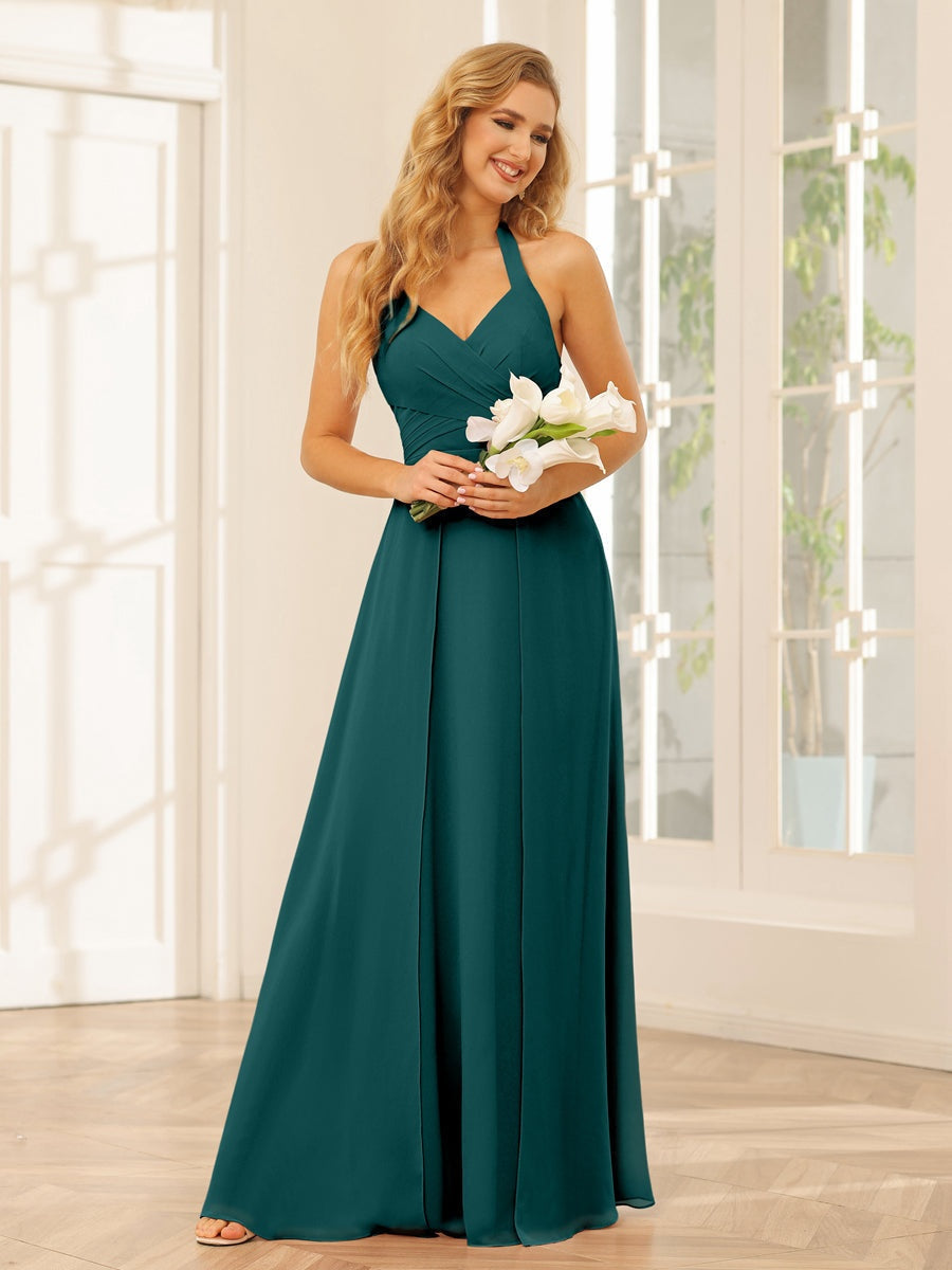Floor-Length Halter Bridesmaid Dresses with Side Split in A-Line/Princess Style