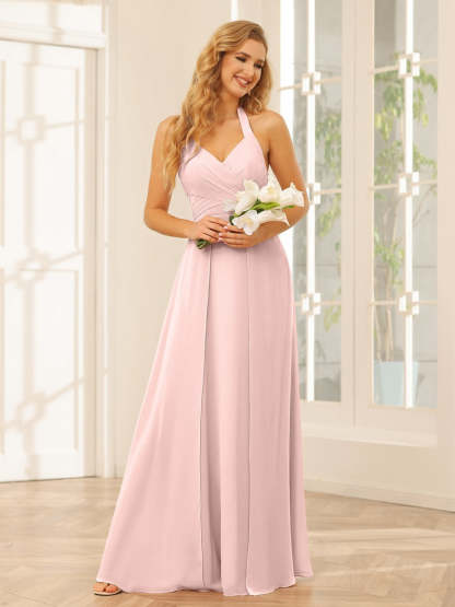 Floor-Length Halter Bridesmaid Dresses with Side Split in A-Line/Princess Style