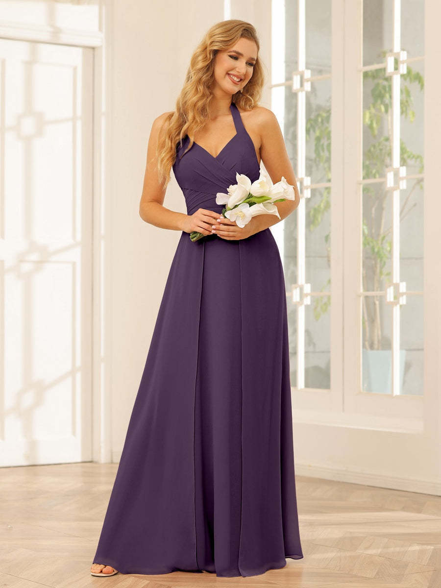Floor-Length Halter Bridesmaid Dresses with Side Split in A-Line/Princess Style