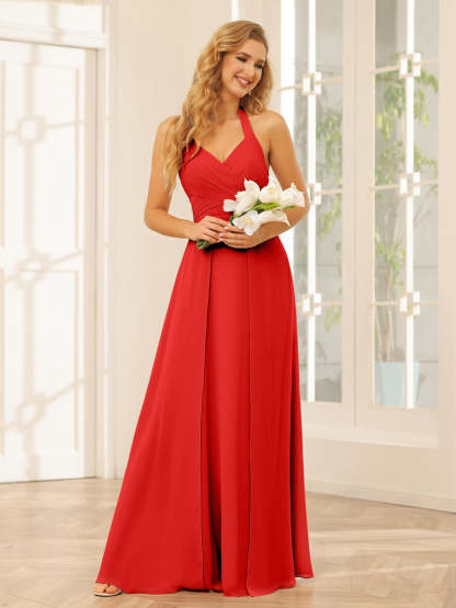 Floor-Length Halter Bridesmaid Dresses with Side Split in A-Line/Princess Style