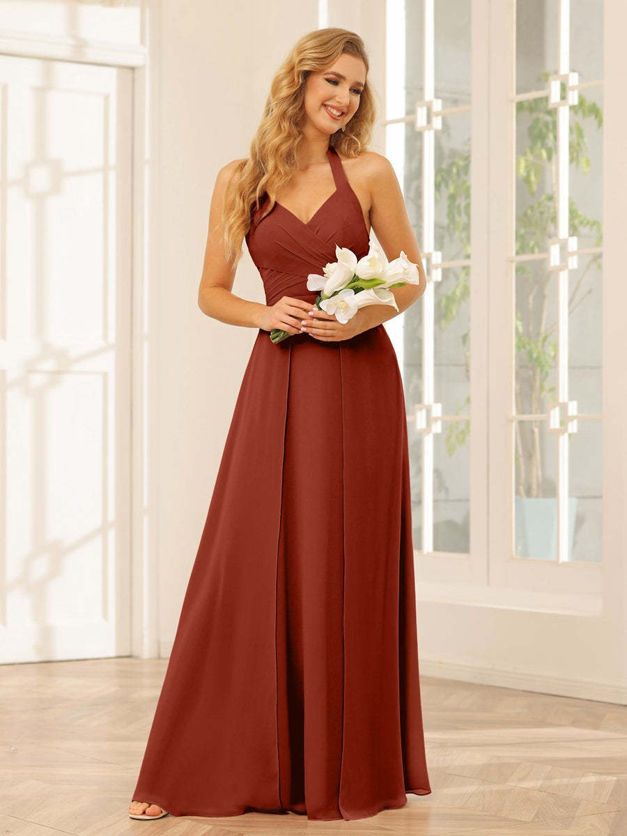 Floor-Length Halter Bridesmaid Dresses with Side Split in A-Line/Princess Style