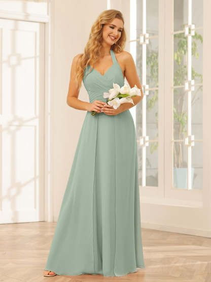 Floor-Length Halter Bridesmaid Dresses with Side Split in A-Line/Princess Style