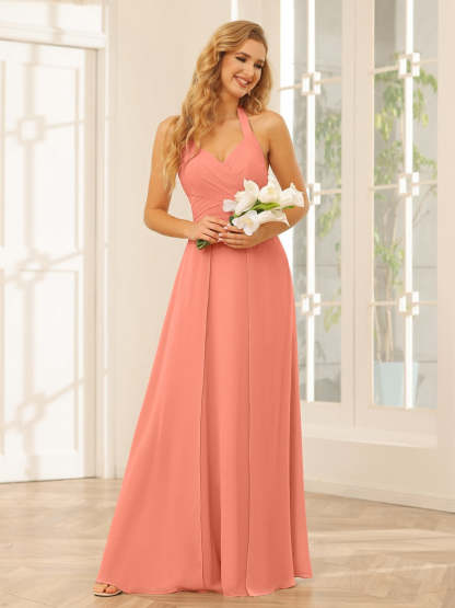 Floor-Length Halter Bridesmaid Dresses with Side Split in A-Line/Princess Style