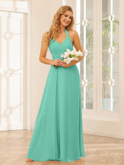 Floor-Length Halter Bridesmaid Dresses with Side Split in A-Line/Princess Style