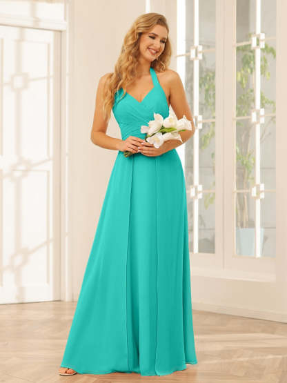 Floor-Length Halter Bridesmaid Dresses with Side Split in A-Line/Princess Style