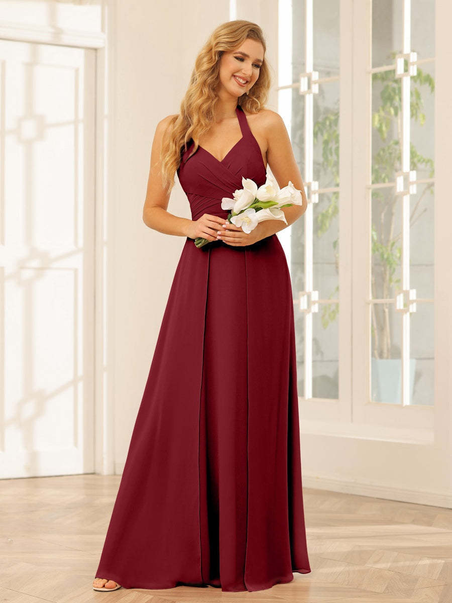 Floor-Length Halter Bridesmaid Dresses with Side Split in A-Line/Princess Style