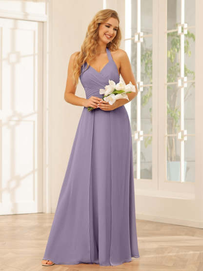 Floor-Length Halter Bridesmaid Dresses with Side Split in A-Line/Princess Style