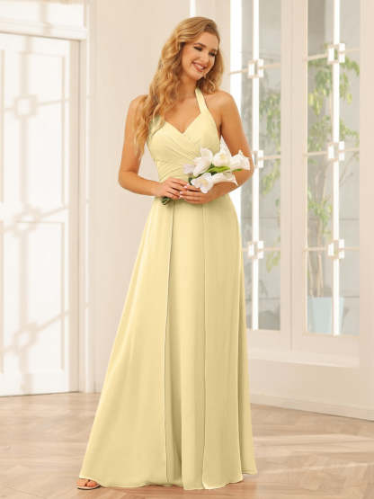 Floor-Length Halter Bridesmaid Dresses with Side Split in A-Line/Princess Style