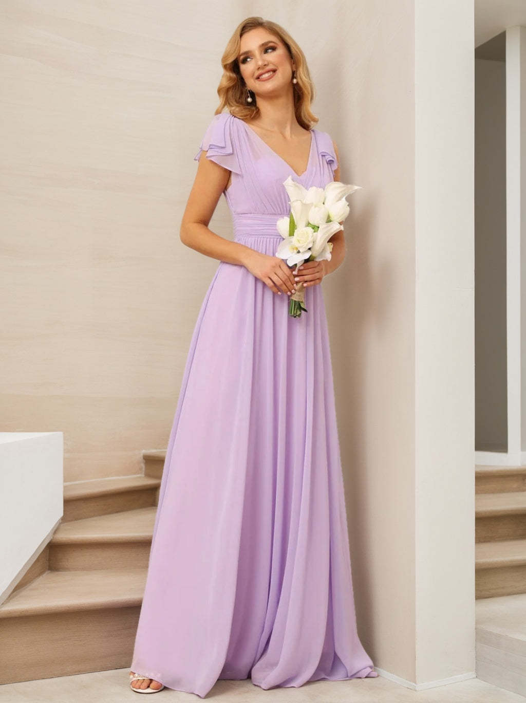 Princess A-Line V-Neck Long Bridesmaid Dresses with Ruffles and Short Sleeves