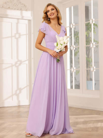 Princess A-Line V-Neck Long Bridesmaid Dresses with Ruffles and Short Sleeves