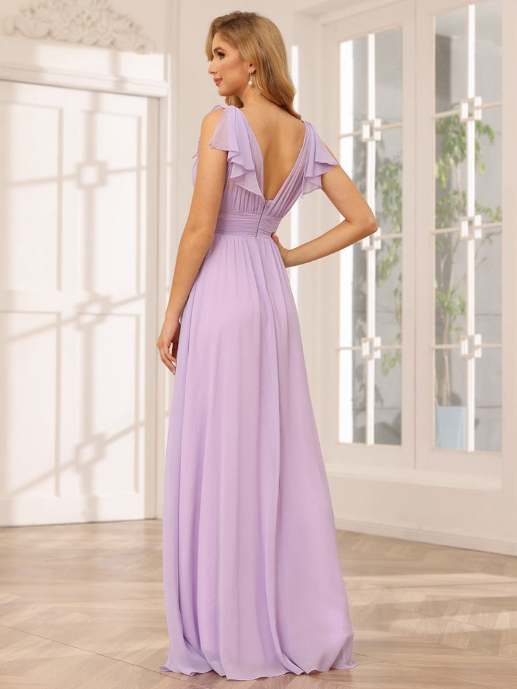 Princess A-Line V-Neck Long Bridesmaid Dresses with Ruffles and Short Sleeves