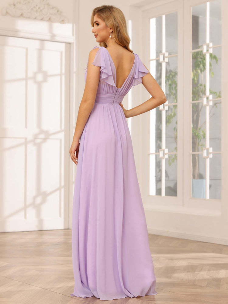 Princess A-Line V-Neck Long Bridesmaid Dresses with Ruffles and Short Sleeves