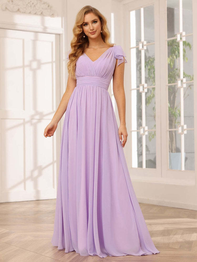 Princess A-Line V-Neck Long Bridesmaid Dresses with Ruffles and Short Sleeves