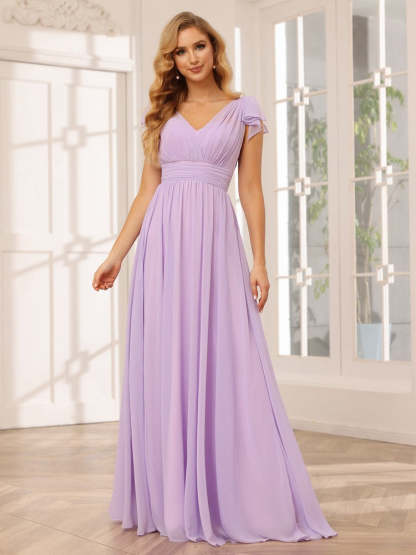 Princess A-Line V-Neck Long Bridesmaid Dresses with Ruffles and Short Sleeves
