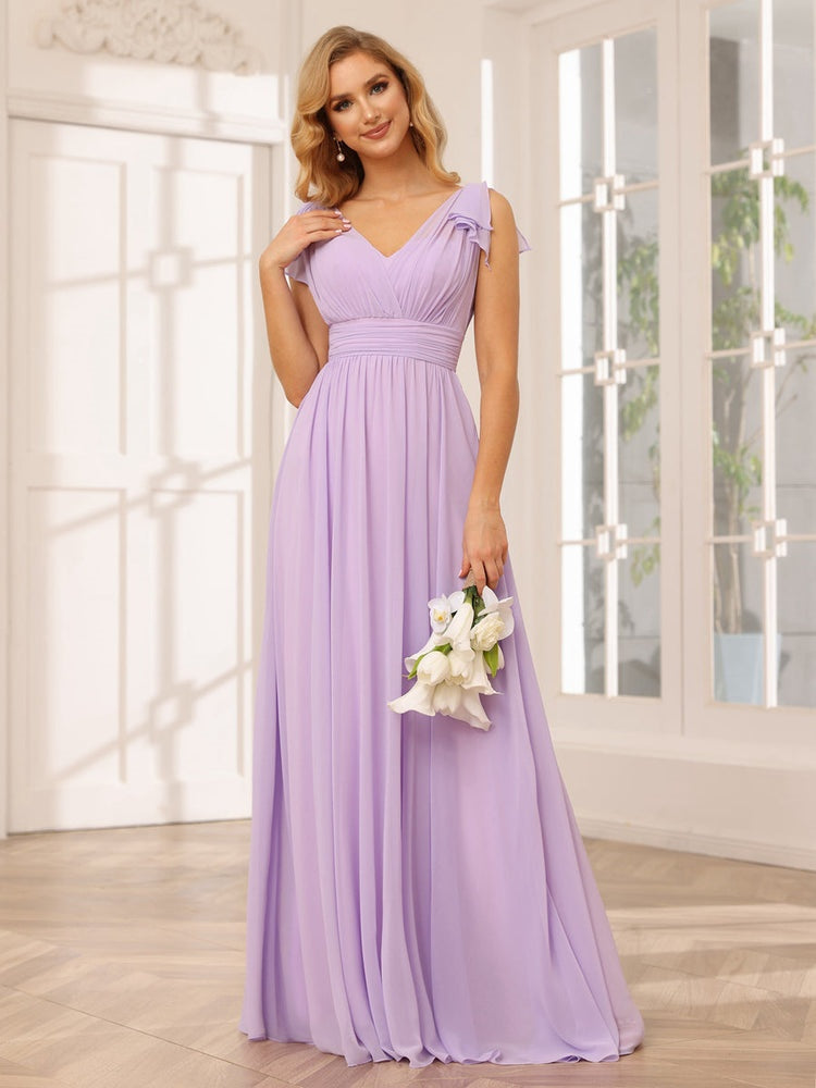 Princess A-Line V-Neck Long Bridesmaid Dresses with Ruffles and Short Sleeves