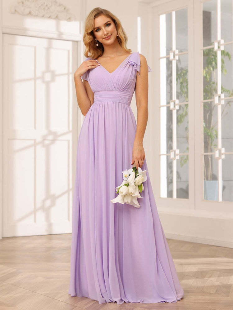 Princess A-Line V-Neck Long Bridesmaid Dresses with Ruffles and Short Sleeves