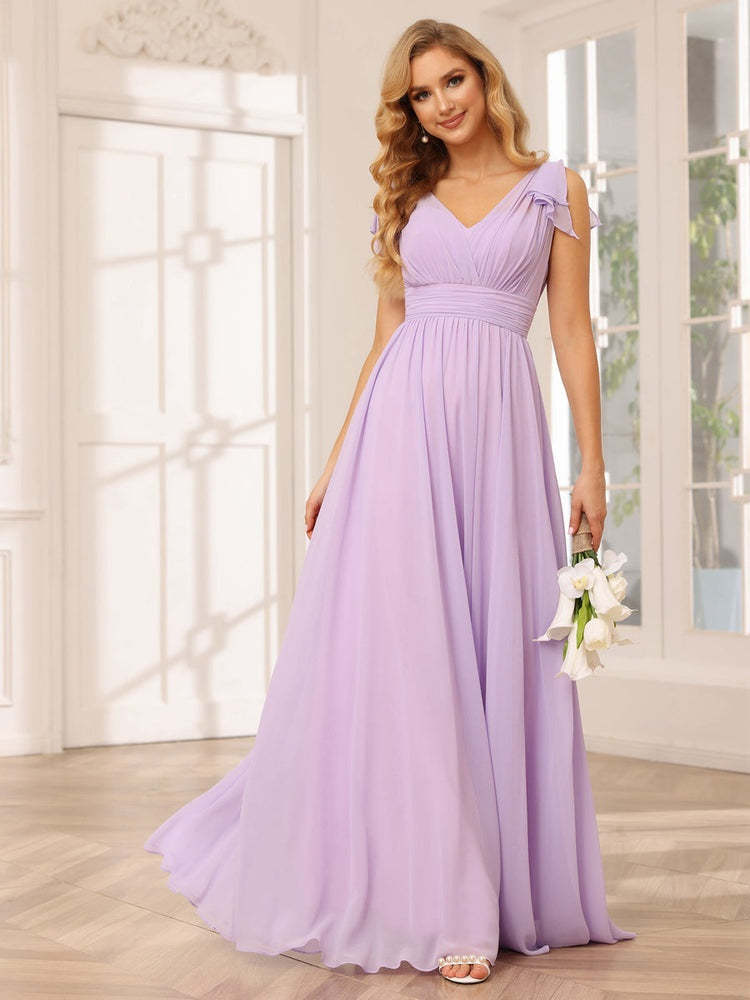 Princess A-Line V-Neck Long Bridesmaid Dresses with Ruffles and Short Sleeves