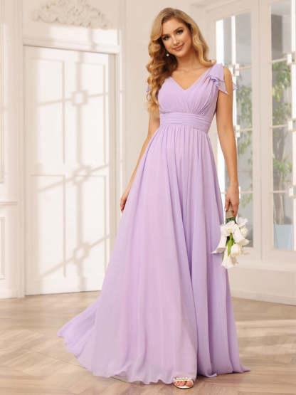 Princess A-Line V-Neck Long Bridesmaid Dresses with Ruffles and Short Sleeves