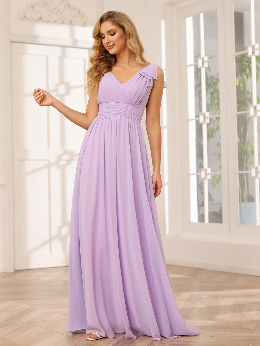 Princess A-Line V-Neck Long Bridesmaid Dresses with Ruffles and Short Sleeves