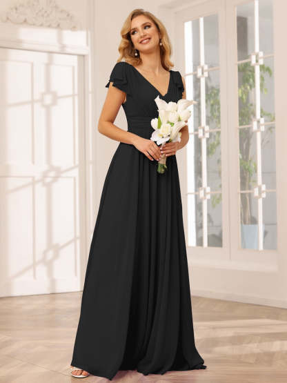 Princess A-Line V-Neck Long Bridesmaid Dresses with Ruffles and Short Sleeves