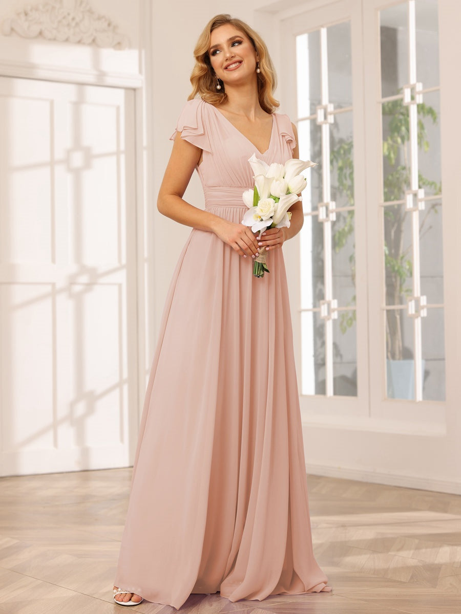 Princess A-Line V-Neck Long Bridesmaid Dresses with Ruffles and Short Sleeves