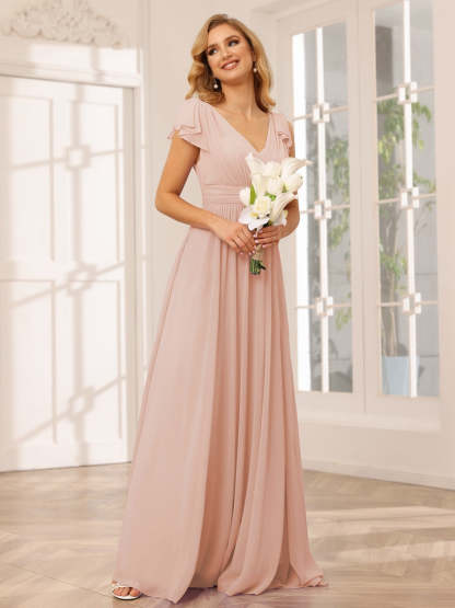 Princess A-Line V-Neck Long Bridesmaid Dresses with Ruffles and Short Sleeves