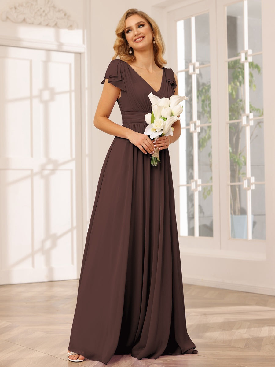 Princess A-Line V-Neck Long Bridesmaid Dresses with Ruffles and Short Sleeves