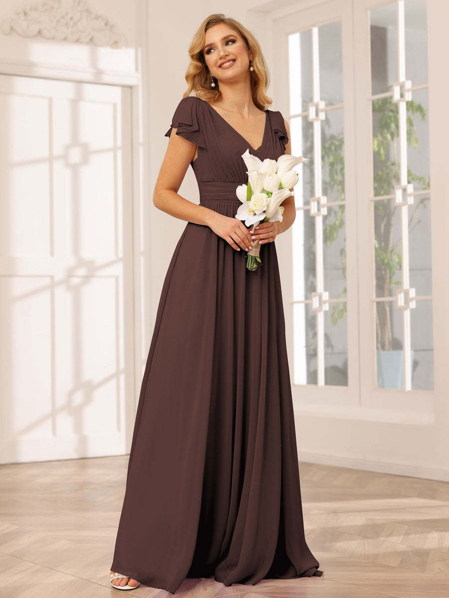 Princess A-Line V-Neck Long Bridesmaid Dresses with Ruffles and Short Sleeves