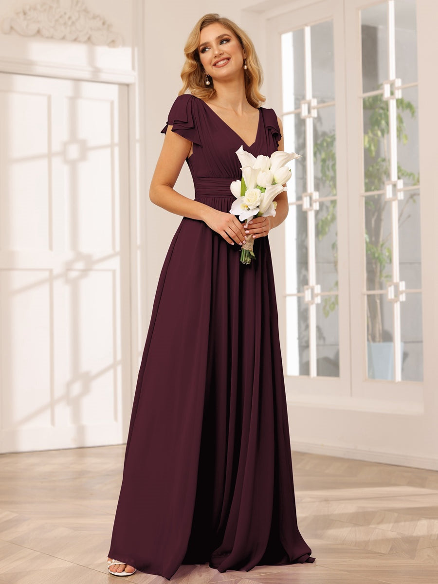 Princess A-Line V-Neck Long Bridesmaid Dresses with Ruffles and Short Sleeves