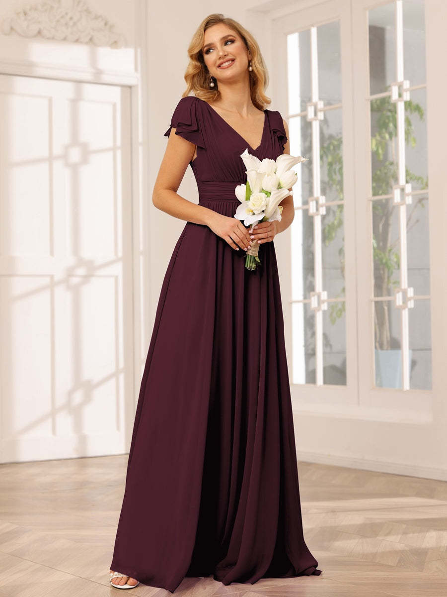 Princess A-Line V-Neck Long Bridesmaid Dresses with Ruffles and Short Sleeves