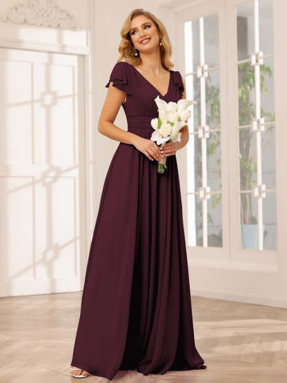 Princess A-Line V-Neck Long Bridesmaid Dresses with Ruffles and Short Sleeves