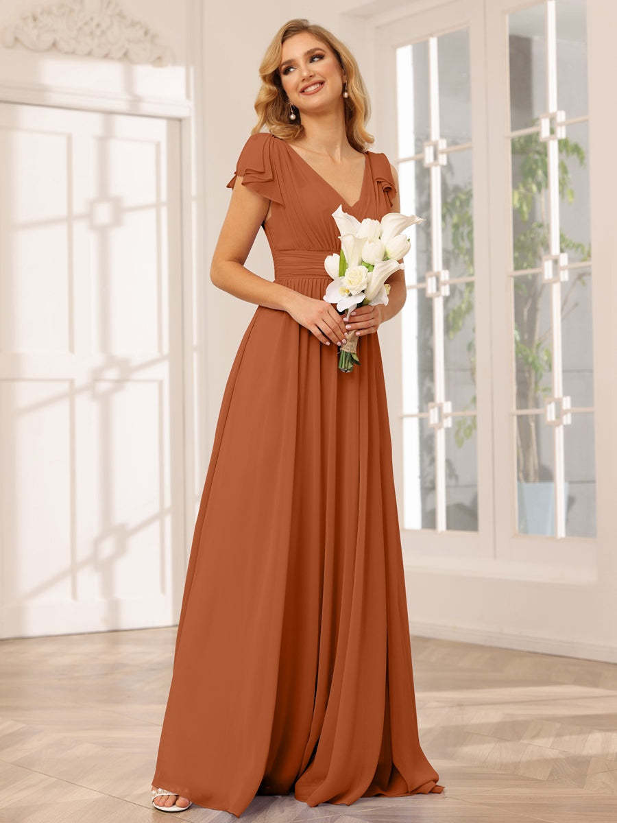 Princess A-Line V-Neck Long Bridesmaid Dresses with Ruffles and Short Sleeves