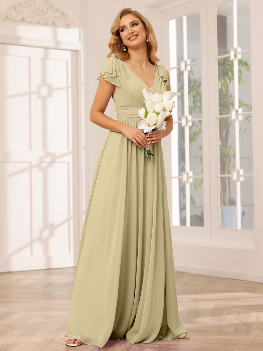 Princess A-Line V-Neck Long Bridesmaid Dresses with Ruffles and Short Sleeves